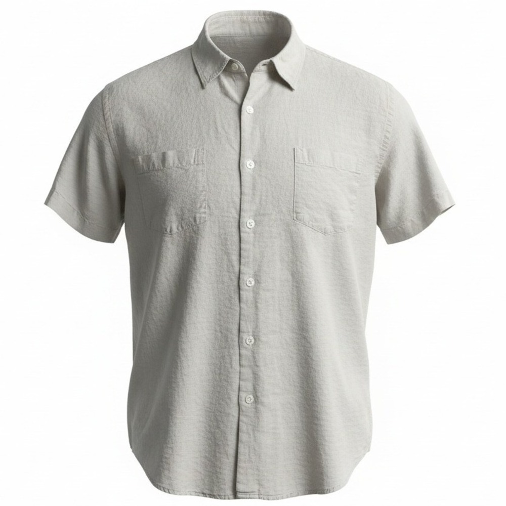 John‎ Henry Button Down Mens Medium Beige Ramie Cotton Short Sleeve Two Pocket
